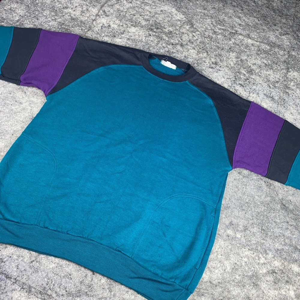 Vintage 90's Dunlop Men's XL Teal Purple & Black Sport Style Sweater W/Pockets